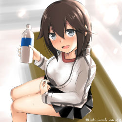 Rule 34 | :d, black hair, black skirt, blush, bottle, breasts, dated, from above, grey eyes, gym shirt, hair between eyes, hayasui (kancolle), holding, holding bottle, jacket, kantai collection, kuromayu, large breasts, looking at viewer, miniskirt, one-hour drawing challenge, open clothes, open jacket, open mouth, pleated skirt, shirt, short hair, skirt, smile, solo, track jacket, twitter username, white shirt
