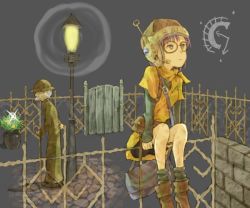 Rule 34 | 1990s (style), 1boy, 1girl, ankle boots, arm behind back, bag, black legwear, blue eyes, boots, brown-framed eyewear, brown footwear, buckle, cane, chrono (series), chrono trigger, facial hair, fence, flower pot, full body, gaspar, glasses, green hat, grey background, grey hair, hat, headset, helmet, lamppost, layered sleeves, light, long sleeves, looking afar, looking away, lucca ashtear, mustache, old, old man, orange scarf, over shoulder, plant, poppo (milkxx), potted plant, purple hair, retro artstyle, round eyewear, satchel, scarf, shaded face, short hair, simple background, socks, standing