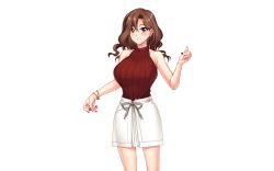 Rule 34 | 1girl, bare arms, bare shoulders, blush, breasts, brown eyes, brown hair, closed mouth, feet out of frame, female focus, game cg, gyaruzuma anri no netorase play, hair between eyes, hand up, happy, kisaragi kanna, large breasts, legs, long hair, looking at viewer, matching hair/eyes, nail polish, original, red nails, red sweater, simple background, skirt, sleeveless, sleeveless sweater, smile, solo, standing, sweater, thighs, transparent background, turtleneck, turtleneck sweater