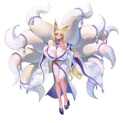 1girl animal_ear_fluff animal_ears blonde_hair breasts detached_collar fox_ears fox_girl fox_tail highres hirume_of_heavenly_incense huge_breasts kimono kitsune kyuubi large_breasts last_origin looking_at_viewer multiple_tails nail_polish official_art okobo sandals see-through_clothes see-through_kimono taesi tail