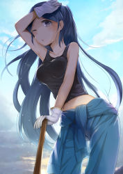Rule 34 | 1girl, arm up, blue hair, blue sky, blush, breasts, clothes around waist, cloud, collarbone, cowboy shot, day, dripping, from below, gloves, guranyto, highres, jumpsuit, legs apart, long hair, looking at viewer, medium breasts, midriff, navel, one eye closed, original, outdoors, sky, sleeveless, solo, sparkle, standing, stomach, sweat, tan, tank top, very long hair, white gloves, wiping sweat