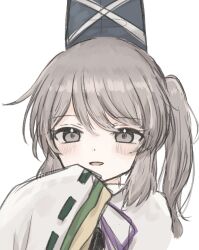 Rule 34 | 1girl, commentary request, grey eyes, grey hair, hat, highres, looking at viewer, mononobe no futo, open mouth, pipita, ponytail, ribbon-trimmed sleeves, ribbon trim, simple background, solo, tate eboshi, touhou, upper body, white background