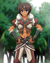 Rule 34 | 1boy, abs, belt, blue eyes, brown hair, forest, headband, male focus, midriff, muscular, nature, outdoors, solo, standing, thisarmor