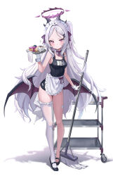 Rule 34 | 1girl, absurdres, apron, bad hands, bandaid, bandaid on thigh, bare shoulders, bat wings, black footwear, black one-piece swimsuit, blue archive, cake, closed mouth, collar, commentary, cup, demon horns, detached collar, food, forehead, frilled apron, frilled collar, frilled thighhighs, frills, full body, gloves, hair intakes, halo, high heels, highres, hina (blue archive), hina (swimsuit) (blue archive), holding, holding tray, horns, long hair, looking at viewer, low wings, maid, maid apron, maid headdress, mop, name tag, official alternate costume, one-piece swimsuit, pink eyes, school swimsuit, serving cart, shadow, single thighhigh, solo, sparkle, standing, sweatdrop, swimsuit, thighhighs, tray, v-shaped eyebrows, very long hair, waist apron, white apron, white gloves, white hair, white thighhighs, whitebc, wings