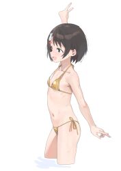 1girl arm_up bikini black_eyes black_hair blush collarbone commentary_request cropped_legs djheycha double_v flat_chest from_side gold_bikini hair_ornament hairclip hairpin highres idolmaster idolmaster_cinderella_girls idolmaster_cinderella_girls_u149 loli looking_to_the_side micro_bikini navel open_mouth rabbit_hair_ornament ribs sasaki_chie short_hair side-tie_bikini_bottom simple_background solo standing string_bikini swimsuit v white_background