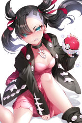 Rule 34 | 1girl, angry, aqua eyes, asymmetrical bangs, asymmetrical hair, black footwear, black hair, black jacket, black nails, blush, breasts, choker, clenched teeth, clothes pull, commentary request, creatures (company), dress, dress pull, earrings, game freak, hair ribbon, highres, holding, holding poke ball, jacket, jewelry, long sleeves, looking at viewer, marnie (pokemon), mitsunari miyako, nail polish, nintendo, pink dress, poke ball, poke ball (basic), pokemon, pokemon swsh, red ribbon, ribbon, simple background, small breasts, solo, tears, teeth, twintails, white background