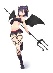 Rule 34 | 10s, 1girl, black gloves, black panties, blush, boots, breasts, bustier, cross-laced clothes, cross-laced legwear, demon girl, demon horns, demon wings, full body, gabriel dropout, gloves, hair ornament, highres, horns, looking at viewer, medium breasts, microskirt, midriff, navel, panties, polearm, purple eyes, purple hair, saruno (eyesonly712), short hair, skindentation, skirt, smile, solo, standing, standing on one leg, stomach, trident, underboob, underwear, vignette tsukinose april, weapon, white background, wings, x hair ornament