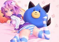 Rule 34 | 10s, 1girl, ass, bad id, bad pixiv id, blush, closed mouth, d-pad, d-pad hair ornament, dkoro, dogoo, female focus, hair ornament, heart, heart-shaped pupils, highres, looking at viewer, neptune (neptunia), neptune (series), panties, purple eyes, purple hair, solo, striped clothes, striped legwear, striped panties, striped thighhighs, stuffed toy, symbol-shaped pupils, thighhighs, underwear