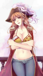 Rule 34 | 1girl, bikini, bikini top only, breasts, cleavage, hat, jacket, jacket on shoulders, large breasts, long hair, nami (one piece), navel, one piece, open mouth, orange hair, solo, standing, swimsuit, tricorne