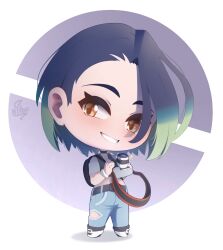 Rule 34 | 1girl, absurdres, artist name, bare shoulders, black choker, blue hair, bob cut, brown eyes, camera, chibi, choker, creatures (company), crop top, full body, game freak, gradient hair, grin, highres, hitoridoodles, holding, holding camera, looking at viewer, multicolored hair, navel, nintendo, off-shoulder shirt, off shoulder, perrin (pokemon), poke ball symbol, pokemon, pokemon sv, shirt, short hair, short sleeves, simple background, smile, solo, standing