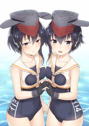 Rule 34 | 00047, 10s, 2girls, asymmetrical hair, black gloves, black hair, blue one-piece swimsuit, blush, breasts, brown eyes, closed mouth, collarbone, cowboy shot, framed breasts, gloves, hair between eyes, half-closed eyes, hat, headphones, highres, holding hands, i-13 (kancolle), i-14 (kancolle), interlocked fingers, kanji, kantai collection, looking at viewer, multiple girls, neckerchief, ocean, one-piece swimsuit, open mouth, outdoors, partially fingerless gloves, sailor collar, school swimsuit, short hair with long locks, siblings, sisters, small breasts, smile, swimsuit, symmetry, thighs, water