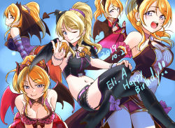 Rule 34 | 10s, 1girl, ayase eli, bare shoulders, blonde hair, blue eyes, blush, boots, bow, breasts, character name, cleavage, closed mouth, cosmetics, demon horns, demon tail, demon wings, elbow gloves, gloves, hair ornament, hair scrunchie, happy birthday, high heels, horns, large breasts, leaning forward, licking lips, lipstick tube, looking at viewer, love live!, love live! school idol project, medium hair, midriff, multiple views, nail polish, navel, one eye closed, open mouth, parted lips, pink nails, ponytail, purple bow, scrunchie, smile, tail, thighhighs, tongue, tongue out, urutsu sahari, wings, wink