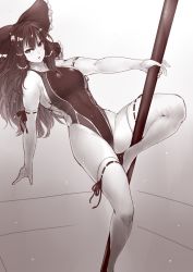 Rule 34 | 1girl, bow, competition swimsuit, elbow gloves, full body, gloves, hair bow, hair tubes, hakurei reimu, long hair, looking at viewer, monochrome, one-piece swimsuit, pole, pole dancing, ribbon trim, sepia, solo, swimsuit, thighhighs, tobisawa, touhou