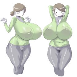 Rule 34 | 1girl, absurdres, blush, breasts, brown hair, covered erect nipples, green shirt, grey pants, highres, huge breasts, nipples, pants, sakana888888888, shirt, short hair, smile, white background, wide hips