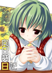 Rule 34 | 1girl, ascot, female focus, flower, green hair, kazami yuuka, light smile, own hands clasped, own hands together, pilky, plaid, plaid vest, red eyes, short hair, solo, sunflower, touhou, translated, upper body, vest