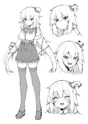 Rule 34 | 1girl, akai haato, akai haato (1st costume), blush, expressions, fang, greyscale, hair ornament, haruyuki (yukichasoba), heart, heart hair ornament, highres, hololive, long hair, monochrome, open mouth, simple background, smile, smirk, standing, thighhighs, virtual youtuber, white background