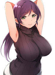 Rule 34 | 10s, 1girl, armpits, arms behind head, black sweater, breasts, closed mouth, duke (inu daimyou), green eyes, large breasts, long hair, looking at viewer, love live!, love live! school idol project, low twintails, purple hair, ribbed sweater, simple background, sleeveless, sleeveless sweater, smile, solo, sweater, tojo nozomi, turtleneck, turtleneck sweater, twintails, white background