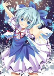 Rule 34 | 1girl, blue eyes, blue hair, blush, cirno, ice, ice wings, matching hair/eyes, nogi takayoshi, open mouth, outstretched arms, snowflakes, solo, touhou, wings