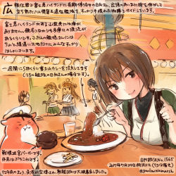 Rule 34 | 5girls, admiral (kancolle), animal, black hair, brown eyes, brown hair, colored pencil (medium), commentary request, curry, curry rice, dated, food, hamster, haruna (kancolle), hiei (kancolle), holding, holding spoon, hyuuga (kancolle), kantai collection, kirisawa juuzou, kirishima (kancolle), kongou (kancolle), long hair, multiple girls, non-human admiral (kancolle), numbered, revision, rice, short hair, smile, spoon, thumbs up, traditional media, translation request, twitter username