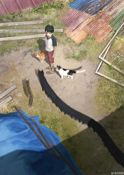 Rule 34 | 1boy, anatomical nonsense, animal, bad anatomy, black hair, brown hair, brown shorts, cat, cat day, commentary, day, from above, grass, highres, male focus, monokubo, multiple legs, original, outdoors, raglan sleeves, sandals, shirt, short hair, short sleeves, shorts
