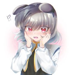 Rule 34 | !?, 1girl, animal ears, black vest, blush, capelet, commentary request, fang, grey capelet, grey hair, hair between eyes, highres, long sleeves, looking at viewer, mouse ears, nazrin, open mouth, puffy sleeves, red eyes, shirt, short hair, solo, sparkle, touhou, upper body, vest, white background, white shirt, zuzuhashi