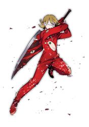 Rule 34 | 1boy, bandage over one eye, blonde hair, commentary request, e.g.o (project moon), employee (project moon), gloves, holding, holding sword, holding weapon, jacket, lobotomy corporation, long sleeves, male focus, medu (rubish), pants, project moon, red footwear, red gloves, red jacket, red pants, short hair, solo, sword, weapon, yellow eyes