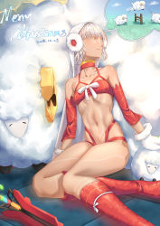 Rule 34 | 1girl, airysher, altera (fate), altera the santa (fate), bare shoulders, boots, closed eyes, commentary request, counting sheep, dark-skinned female, dark skin, dated, detached sleeves, dreaming, earmuffs, fate/grand order, fate (series), highres, knee boots, merry christmas, mittens, navel, red footwear, sheep, short hair, sleeping, smile, solo, stomach, veil, white hair, white mittens
