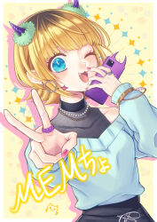 Rule 34 | 1girl, :3, absurdres, bare shoulders, blonde hair, blue eyes, blue sweater, border, bracelet, cellphone, character signature, collarbone, commentary request, cowboy shot, demon horns, earrings, fake horns, fangs, highres, holding, holding phone, horns, jewelry, light blush, long sleeves, looking at viewer, mem-cho, multicolored hair, multiple rings, nail polish, off-shoulder sweater, off shoulder, one eye closed, open mouth, oshi no ko, partial commentary, phone, pink nails, ring, roots (hair), short hair, sidelocks, signature, smartphone, solo, sparkle, sweater, v, white border, yellow background, yukishiro (15287760)