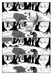 Rule 34 | !?, 2girls, 4koma, ahoge, asymmetrical hair, blush, bow, bowtie, braid, cherry blossoms, closed eyes, collared shirt, comic, constricted pupils, covering own mouth, dress, fleeing, fujinami (kancolle), greyscale, hair between eyes, hair bow, hair over shoulder, hair ribbon, halterneck, hamanami (kancolle), highres, kantai collection, kitagawa (ktgw 116), long hair, long sleeves, lying, monochrome, multiple girls, on side, parted lips, petals, pleated skirt, ribbon, school uniform, shirt, side ponytail, single braid, skirt, sleeping, sleeveless, sleeveless dress, sweat, tree