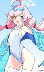 Rule 34 | 1girl, absurdres, ahoge, aiuti, blue archive, blue background, blue eyes, blue jacket, breasts, competition swimsuit, contrapposto, cowboy shot, eyewear on head, fang, gradient background, heterochromia, highleg, highleg swimsuit, highres, hood, hooded jacket, hoshino (blue archive), jacket, low twintails, one-piece swimsuit, open clothes, open jacket, open mouth, pink hair, skin fang, small breasts, smile, solo, sunglasses, swimsuit, thighhighs, twintails, twitter username, white one-piece swimsuit, white thighhighs, yellow eyes