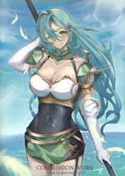 Rule 34 | 1girl, ;), absurdres, aqua hair, armor, bare shoulders, blue sky, braid, breasts, chloe (fire emblem), cleavage, commentary, commission, covered navel, cowboy shot, day, elbow gloves, elvandec, feathers, fire emblem, fire emblem engage, gloves, green eyes, hair over one eye, hand in own hair, highres, large breasts, lens flare, long hair, looking at viewer, nintendo, one eye closed, pauldrons, shoulder armor, sky, smile, solo, standing, thighs, very long hair, water, white gloves