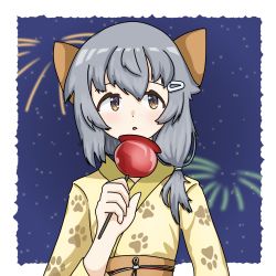Rule 34 | 1girl, :o, arm up, bow, candy apple, cat ornament, facing viewer, fireworks, food, grey hair, hair ornament, hairclip, holding, holding food, infinitedecaf, japanese clothes, kimono, looking to the side, medium hair, open mouth, original, paw print, paw print pattern, sash, self-upload, simple background, sky, solo, tareme, upper body, yellow kimono