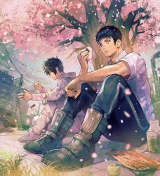 Rule 34 | 2boys, black eyes, black footwear, black hair, black pants, bottle, cherry blossoms, city, closed mouth, collared shirt, concrete, dokuga, dorohedoro, falling petals, food, from below, full body, grass, green tea, highres, holding, holding food, hood, hoodie, looking to the side, male focus, multiple boys, on floor, onigiri, outdoors, panco, pants, petals, scar, scar across eye, shirt, short hair, short sleeves, sideburns, tea, tetsujo, translated, tree, white footwear, white hoodie, white shirt