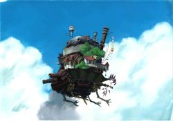 Rule 34 | aircraft, airship, anchoku 0621, blue sky, calligraphy brush (medium), castle, chimney, claws, cloud, fantasy, flying, highres, house, howl no ugoku shiro, laundry, laundry pole, scenery, sky, tower, traditional media, vehicle focus