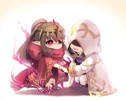 Rule 34 | 1girl, 1other, aura, bracelet, brown gloves, cloak, crying, crying with eyes open, dark aura, fire emblem, fire emblem: mystery of the emblem, fire emblem heroes, gloves, green hair, highres, holding hands, hood, hood down, hood up, hooded cloak, jewelry, kiran (fire emblem), long hair, long sleeves, nakabayashi zun, nintendo, open mouth, pointy ears, ponytail, red eyes, simple background, stone, tears, tiara, tiki (fire emblem), tiki (young) (fire emblem)