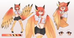 Rule 34 | 1girl, animal ears, asekeu, bare shoulders, bird legs, black skirt, blonde hair, bra strap, breasts, commentary, crop top, english commentary, gradient wings, hair between eyes, highleg, highleg panties, highres, looking at viewer, midriff, multicolored hair, multicolored wings, multiple views, navel, off-shoulder shirt, off shoulder, open mouth, orange hair, orange panties, orange wings, original, panties, red wings, shirt, short hair, simple background, single strap, skirt, small breasts, talons, two-tone hair, underwear, white background, white shirt, wings, yellow eyes
