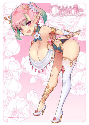 Rule 34 | 1girl, armlet, arms behind back, ass, asymmetrical legwear, bare shoulders, bent over, blush, boots, border, breasts, earrings, full body, green hair, hanging breasts, high heel boots, high heels, huge breasts, jewelry, large breasts, looking at viewer, mismatched legwear, multicolored hair, open mouth, original, pink background, pink eyes, pink hair, pointy ears, revealing clothes, short twintails, smile, solo, standing, twintails, two-tone hair, virus-g, white border