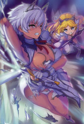 Rule 34 | 00s, 2girls, absurdres, akaga hirotaka, animal ears, arm up, armpits, battle, blonde hair, blue eyes, blue hair, breasts, captain of the royal guard elina, cat ears, cleavage, clenched teeth, dark-skinned female, dark skin, dual wielding, earrings, elina (queen&#039;s blade), elina (queen's blade), fang assassin irma, fangs, gloves, hairband, highres, holding, huge filesize, irma (queen&#039;s blade), irma (queen's blade), jewelry, large breasts, long hair, looking at viewer, multiple girls, panties, queen&#039;s blade, short hair, sword, tearing clothes, tears, teeth, thighs, torn clothes, torn panties, underwear, weapon