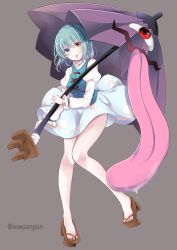 Rule 34 | 1girl, absurdres, blue eyes, blue hair, blue skirt, blue vest, brown footwear, closed mouth, commentary request, full body, geta, grey background, heterochromia, highres, holding, holding umbrella, juliet sleeves, karakasa obake, long sleeves, looking at viewer, ponta (wwtaimeww), puffy sleeves, purple umbrella, red eyes, shirt, short hair, simple background, skirt, smile, solo, tatara kogasa, tongue, tongue out, touhou, umbrella, vest, white shirt