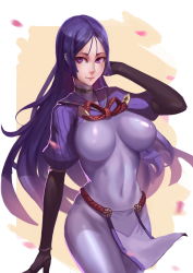 Rule 34 | 1girl, absurdres, bad id, bad pixiv id, black gloves, bodysuit, breasts, covered navel, d.sum, fate/grand order, fate (series), gloves, highres, large breasts, loincloth, long hair, looking at viewer, low-tied long hair, minamoto no raikou (fate), parted bangs, purple bodysuit, purple eyes, purple hair, ribbed sleeves, rope, skin tight, solo, very long hair