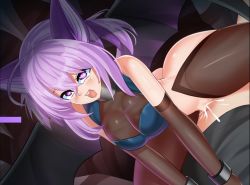 Rule 34 | ass, blush, breasts, cum, cum in pussy, girl on top, medium breasts, monster girl, monster girl invasion rpg, open mouth, pantyhose, penis, purple eyes, purple hair, pussy, shy (monster girl invasion rpg), smile, surprised, thighs, vaginal