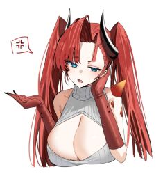 Rule 34 | 1girl, arknights, bare shoulders, blue eyes, breasts, cleavage cutout, clothing cutout, colored skin, horn/wood, horns, large breasts, long hair, multicolored skin, red hair, red skin, ribbed sweater, shoulder spikes, spikes, sweater, toddifons (arknights), twintails