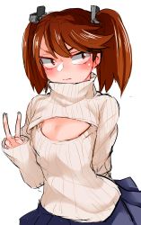 Rule 34 | 10s, 1girl, 3:, 3:&lt;, arm behind back, blush, breast conscious, breasts, brown eyes, brown hair, cleavage cutout, clothing cutout, flat chest, gomio (bb-k), hair ornament, high collar, highres, kantai collection, long sleeves, meme attire, open-chest sweater, ryuujou (kancolle), sanpaku, simple background, sketch, skirt, sleeves past wrists, small breasts, solo, sweater, twintails, unamused, v, v-shaped eyebrows, white background