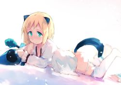 Rule 34 | 1girl, animal ears, ass, bed, blonde hair, elma leivonen, green eyes, looking at viewer, lying, ohashi (hashidate), open clothes, open shirt, panties, panty pull, shirt, short hair, solo, strike witches, tail, thighhighs, underwear, white thighhighs, world witches series