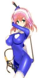 Rule 34 | 1990s (style), 1girl, arm up, beastmaster (final fantasy), blush, bodysuit, breasts, covered erect nipples, final fantasy, final fantasy v, green eyes, headdress, heart, highres, hima, holding, large breasts, lenna charlotte tycoon, looking at viewer, outline, pink hair, retro artstyle, simple background, smile, solo, whip, white background