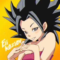 Rule 34 | 10s, 1girl, absurdres, bare shoulders, black eyes, black hair, breasts, caulifla, dragon ball, dragon ball super, eli kozlov, female focus, highres, looking at viewer, simple background, smile, solo, spiked hair, upper body