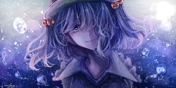 Rule 34 | 1girl, annin cha, bad id, bad pixiv id, blue eyes, blue hair, bubble, collar, commentary, flat cap, frilled collar, frills, green hat, hair bobbles, hair ornament, hat, head tilt, highres, kawashiro nitori, looking at viewer, one eye covered, portrait, signature, smile, solo, touhou