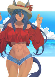 Rule 34 | 1girl, abs, absurdres, alternate costume, animal ears, arms up, bare shoulders, black hair, blue sky, border, cloud, cloudy sky, commentary request, cowboy shot, dark-skinned female, dark skin, denim, denim shorts, ear ornament, fang, hair ornament, hat, highres, hishi amazon (umamusume), horse ears, horse girl, horse tail, kumabachi315, long hair, long sleeves, muscular, muscular female, navel, ocean, off-shoulder shirt, off shoulder, open mouth, outdoors, red eyes, red shirt, shirt, shorts, skin fang, sky, smile, solo, straw hat, tail, umamusume, very long hair, water, white border