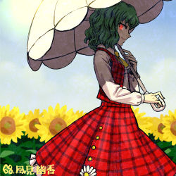 Rule 34 | 1girl, ascot, character name, daisy, day, flower, frilled skirt, frills, from side, glowing, glowing eye, green hair, holding, holding umbrella, long sleeves, lowres, meimaru inuchiyo, plaid, plaid skirt, plaid vest, profile, red skirt, red vest, shirt, short hair, skirt, sky, solo, sunflower, touhou, umbrella, vest, white shirt, yellow ascot