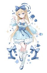 Rule 34 | 1girl, absurdres, blonde hair, blue archive, blue bow, blue dress, blue eyes, blue footwear, blue sleeves, blush, bow, breasts, collarbone, detached sleeves, dress, full body, hair between eyes, hair bow, highres, incredibly absurdres, long hair, medium breasts, nez (nez 0 0), open mouth, shoes, shorts, simple background, socks, solo, toki (blue archive), white background, white shorts, white socks